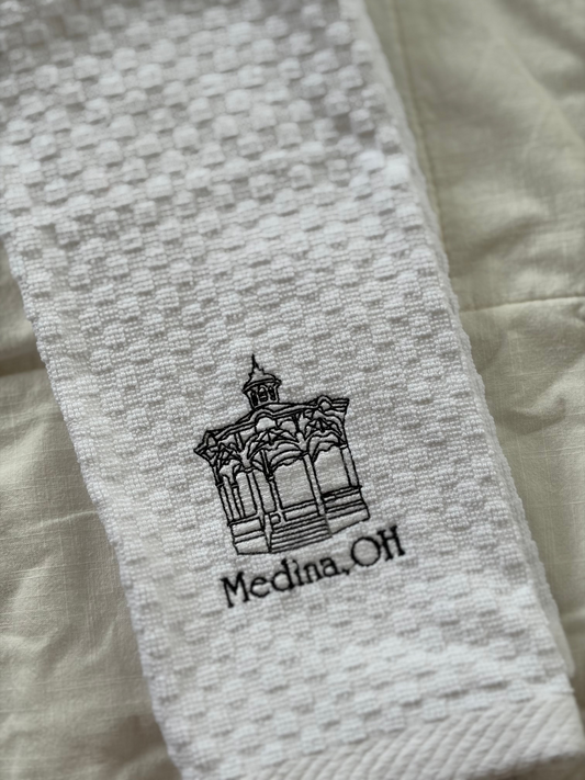 Medina Ohio Embroidered Kitchen Towel | 100% Cotton White Hand Towel | Ohio Home Gift