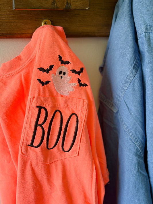 Spooky BOO Ghost Embroidered Pocket Tee | Comfort Colors Pocket Tee