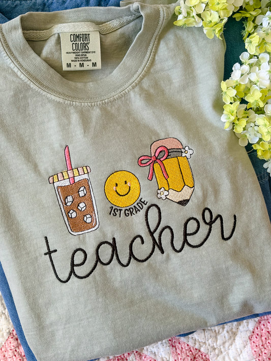 Personalized Teacher Grade Level Embroidered Design | Iced Coffee Design