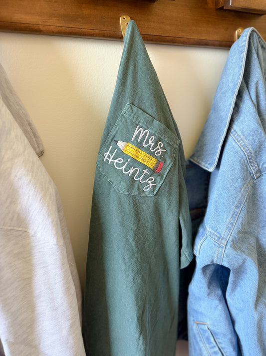 Personalized Teacher Name Embroidered Design | Pencil Pocket Design