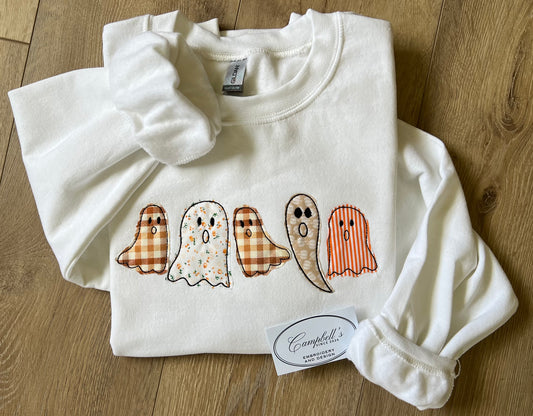 Upcycled Fabric Ghost Appliqué Sweatshirt | Patchwork Halloween Crewneck | Cute Vintage Ghost Sweatshirt