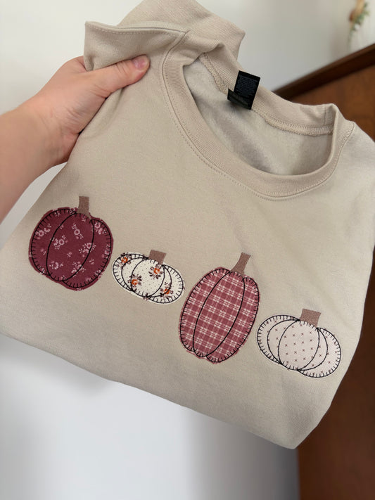 Vintage Fabric Pumpkin Appliqué Sweatshirt | Upcycled Patchwork Fall Crewneck | Cute Autumn Embroidered Sweatshirt
