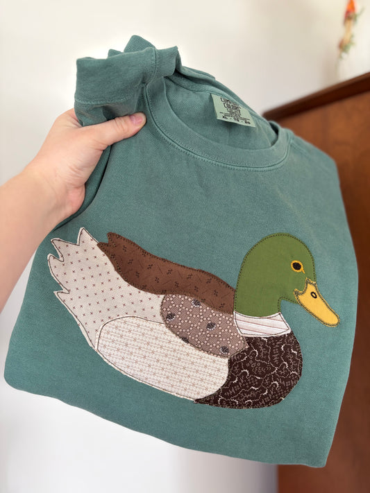 Mallard Duck Patchwork Embroidered Sweatshirt | Upcycled Fabric Comfort Colors Crewneck