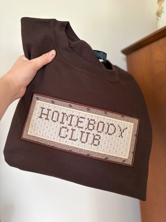 Homebody Club Cross Stitch Sweatshirt | Upcycled Patchwork Fabric Crewneck | Cozy Brown & Cream Embroidery