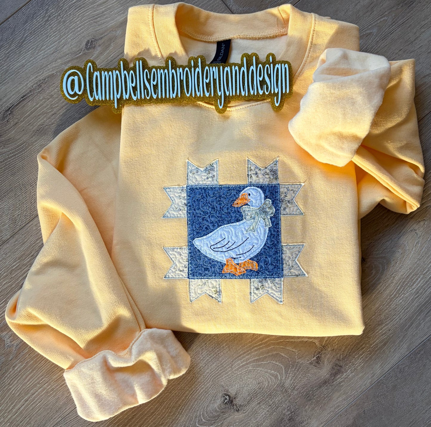 Patchwork Goose Embroidered Crewneck Sweatshirt | Retro Butter Yellow Sweatshirt