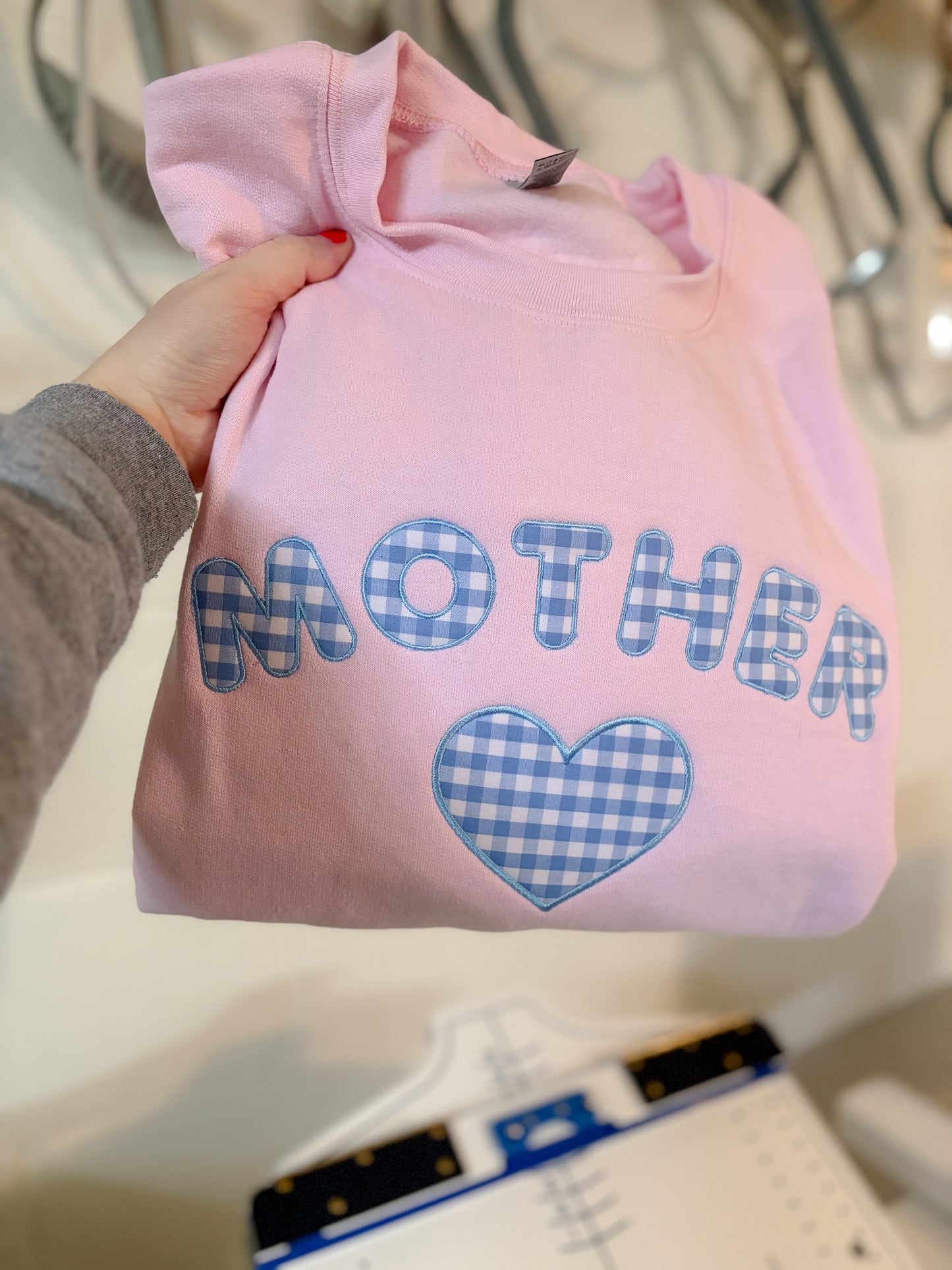 Mother Gingham Applique Embroidered Crewneck Sweatshirt | Gift for Mom