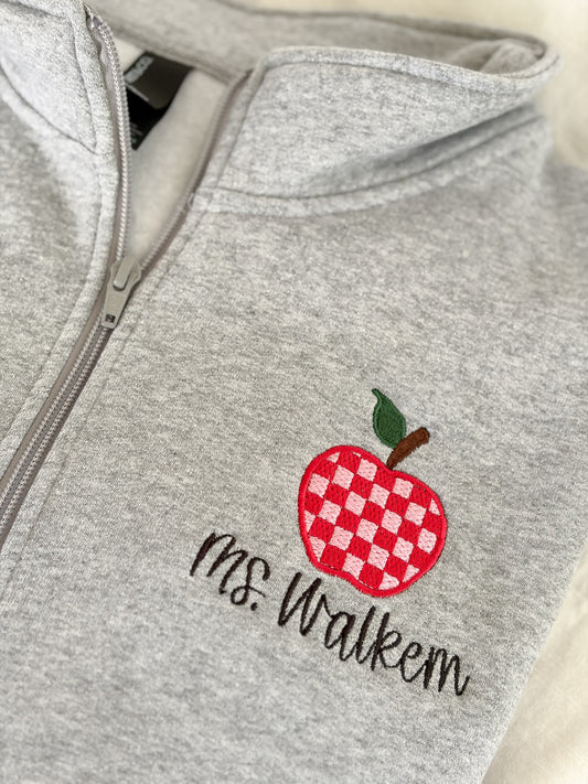 Teacher Checkered Apple Embroidered Design | Personalized