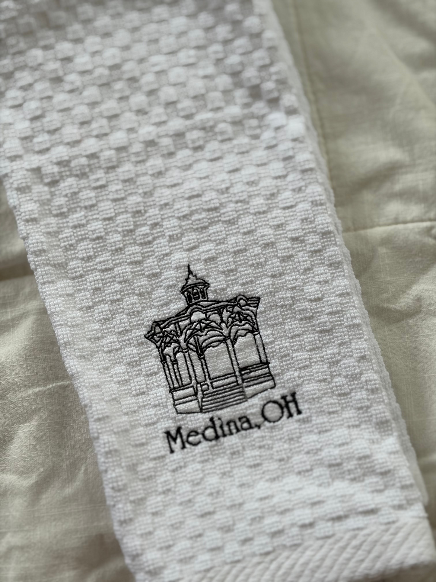Medina Ohio Embroidered Kitchen Towel | 100% Cotton White Hand Towel | Ohio Home Gift