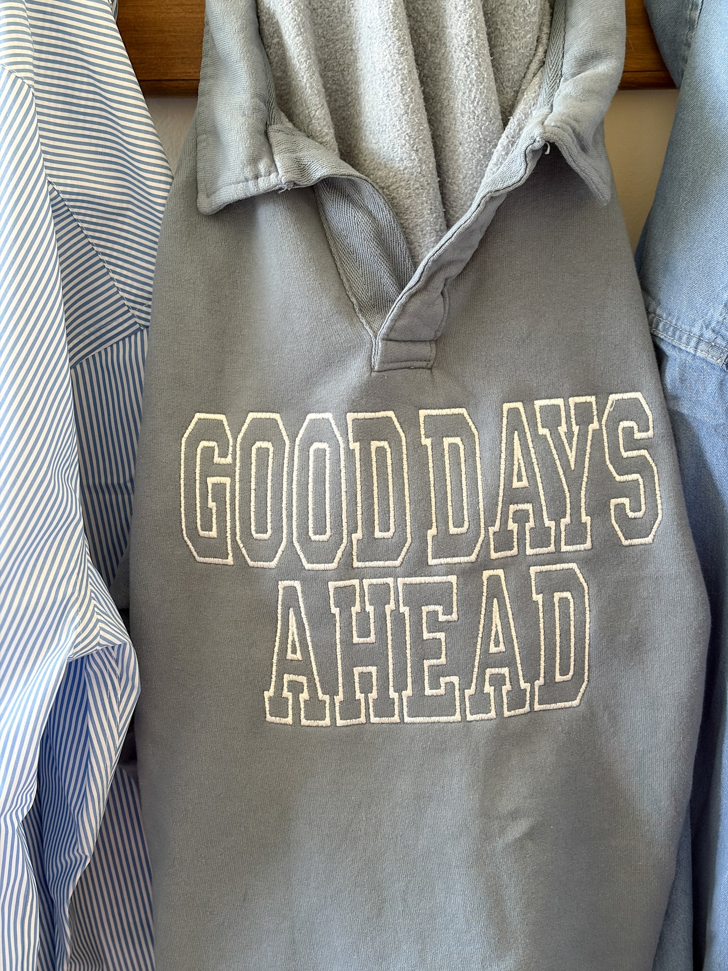 Good Days Ahead Embroidered Polo Collar Sweatshirt | ComfortWash by Hanes