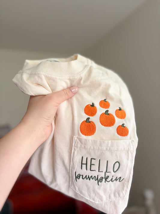 Hello Pumpkin Embroidered Pocket Tee | Comfort Colors Pocket Tee